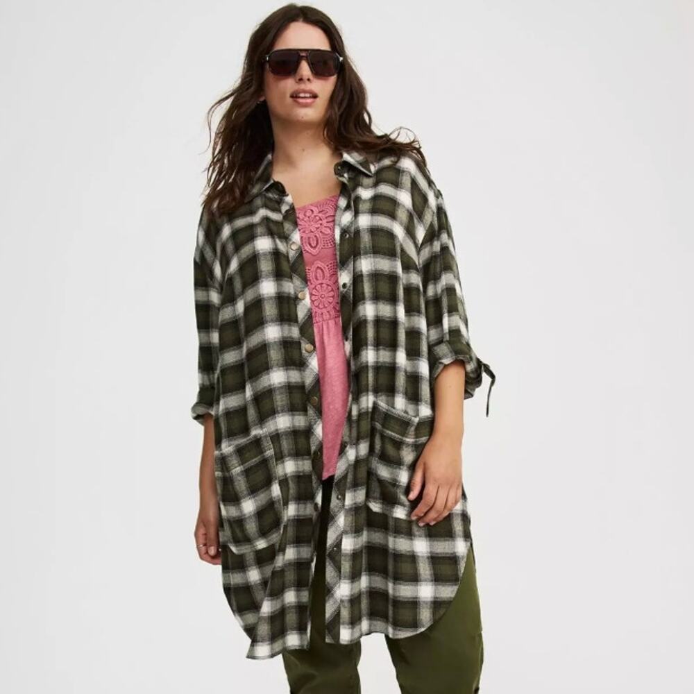 Torrid Oversized Flannel Kimono Shirt Green Plaid Casual Size 1